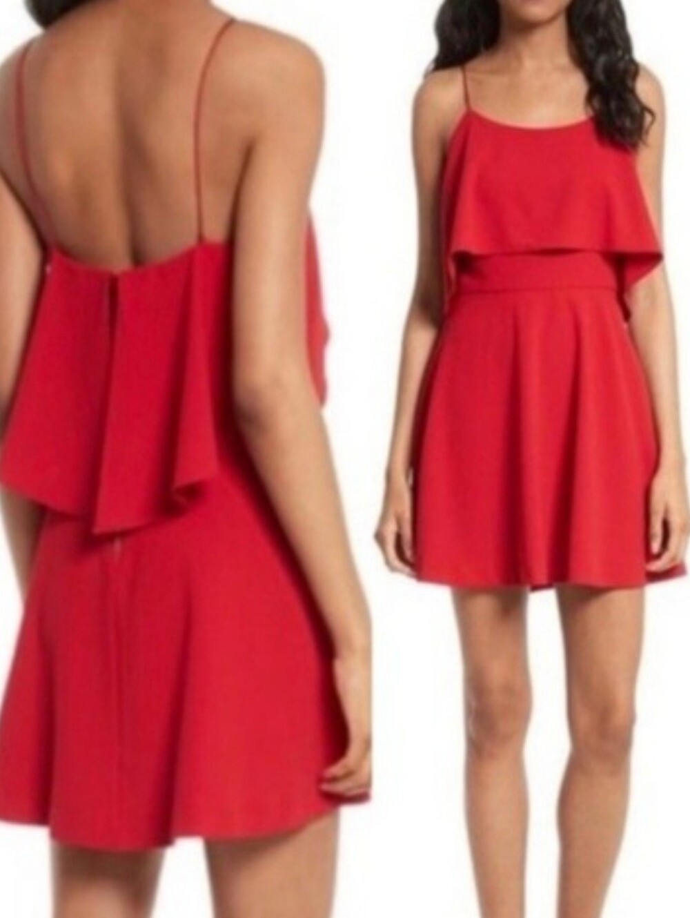 Alice + Olivia Kipp Ruffle Overlay Red Spaghetti Strap Mini Dress Size 2